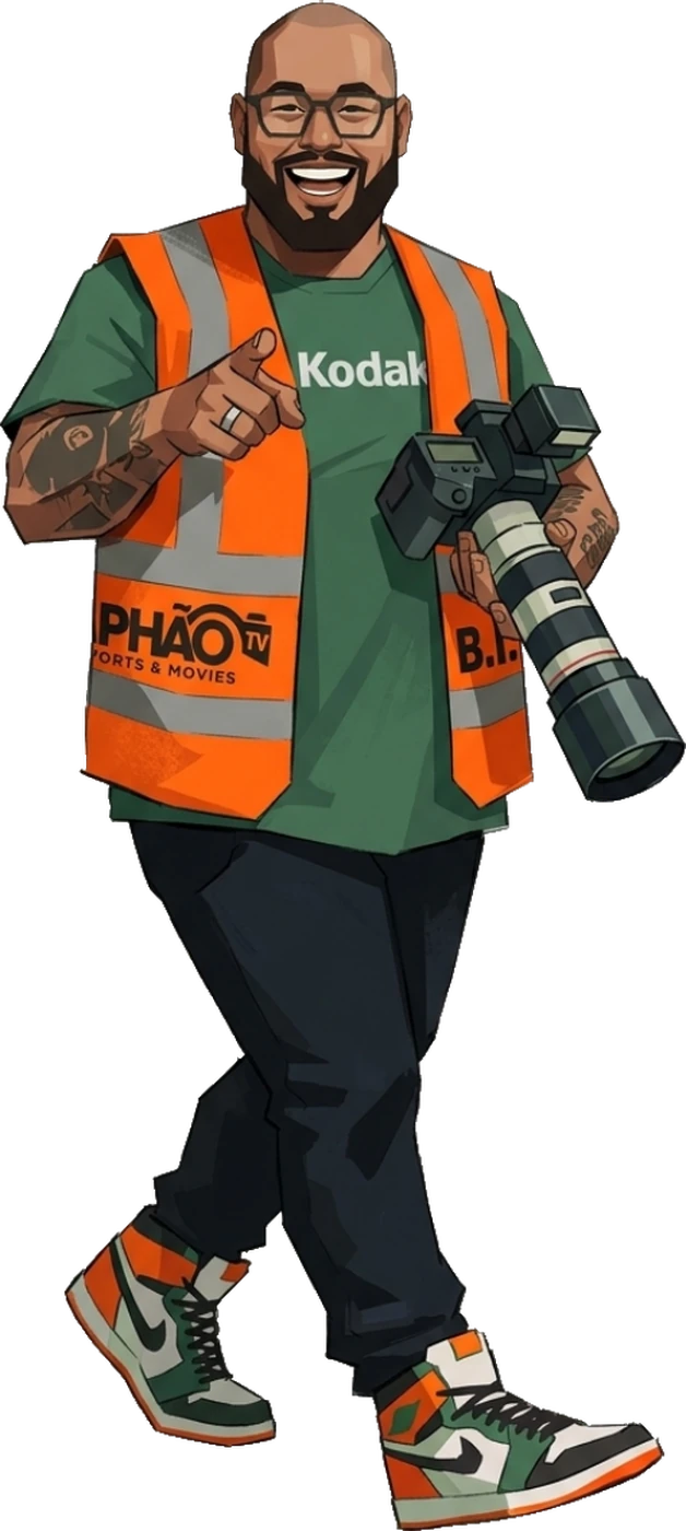 Raphão ilustrado, de colete laranja, apontando pra câmera